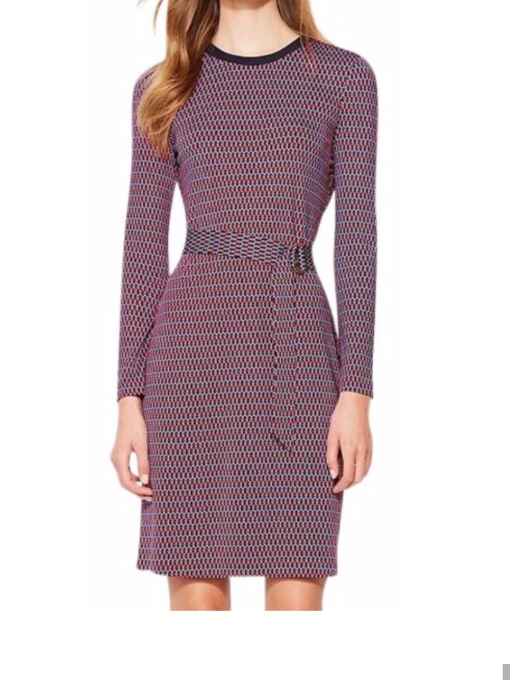 Tory Burch Purple Geometric Long-Sleeve Belted Dress
